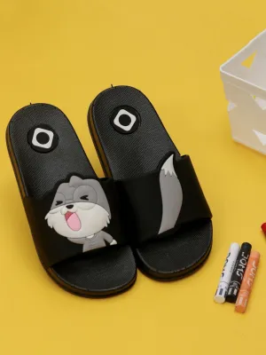 Girls' Whimsical Squirrel-Accent Black Sliders