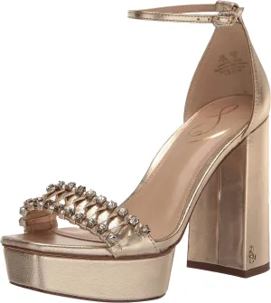 Sam Edelman Ninette Gold Leaf Embellished Strap Buckle Ankle Block Heel Sandals