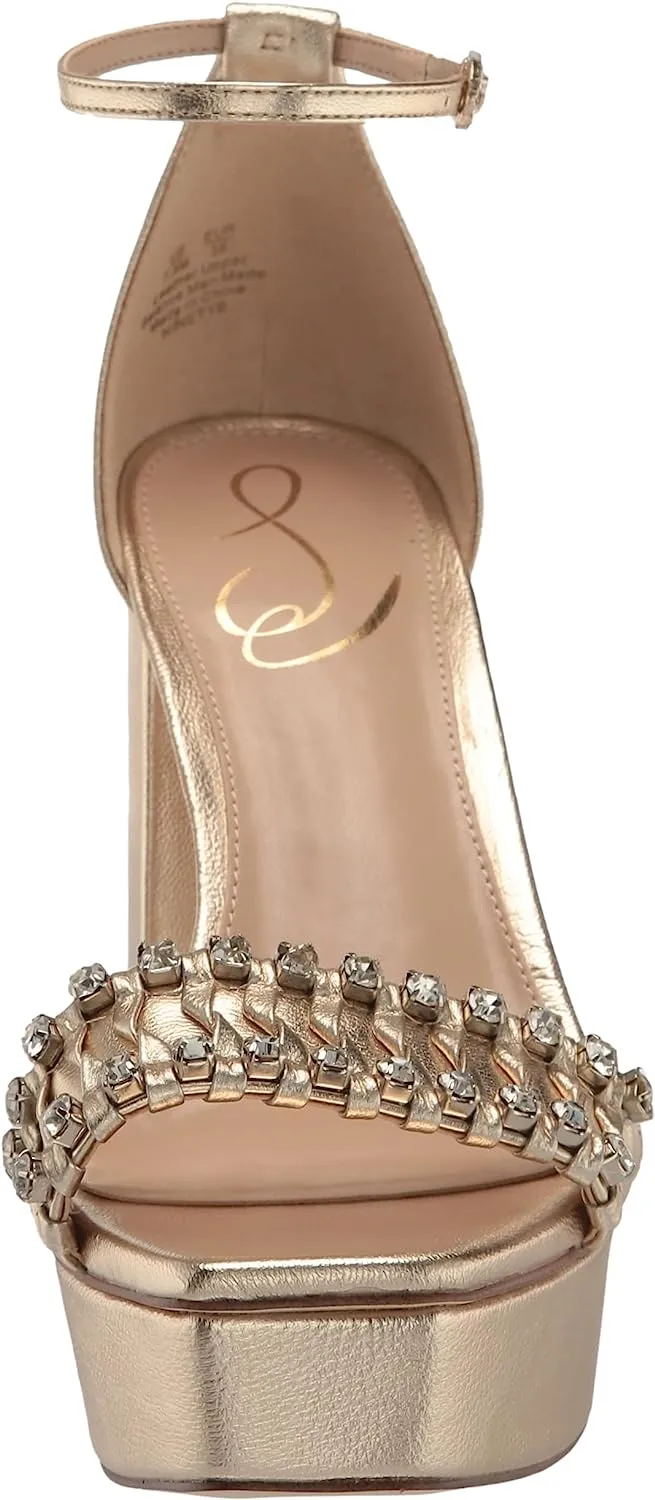 Sam Edelman Ninette Gold Leaf Embellished Strap Buckle Ankle Block Heel Sandals