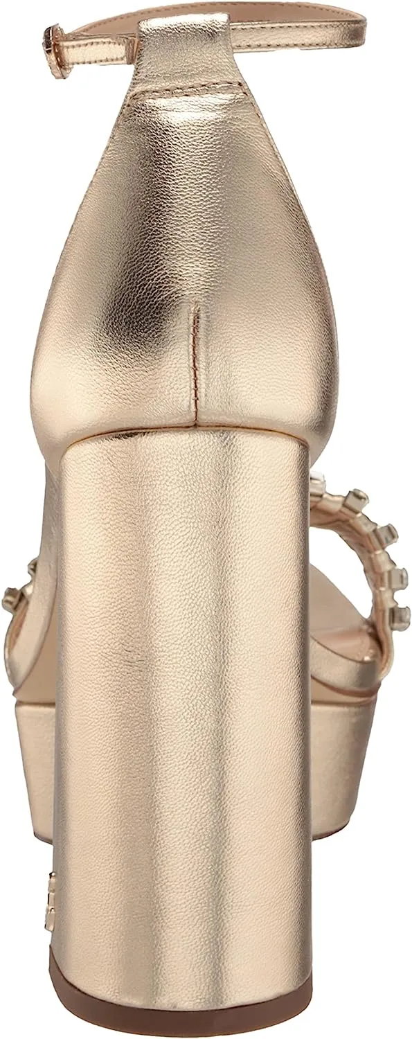 Sam Edelman Ninette Gold Leaf Embellished Strap Buckle Ankle Block Heel Sandals