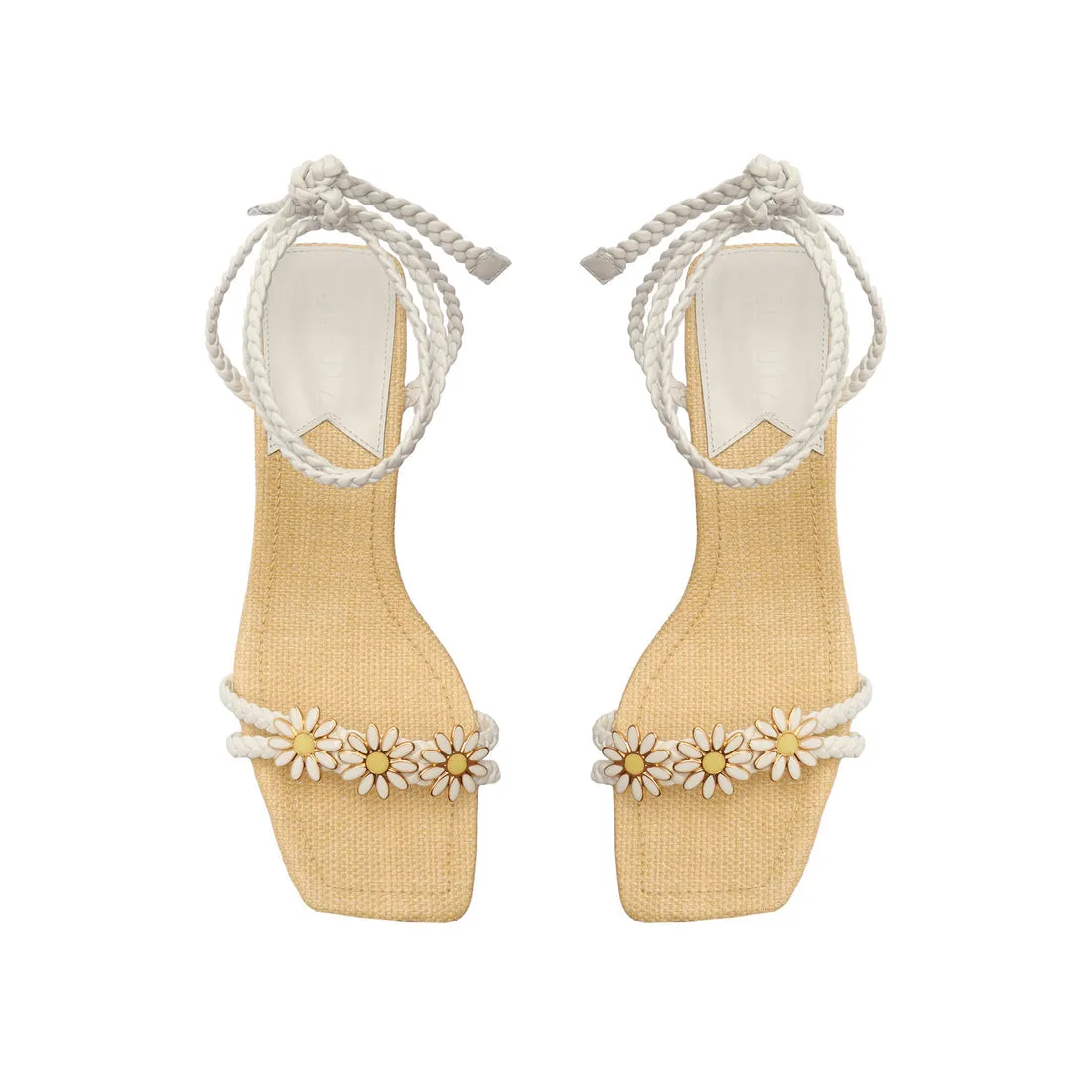 Schutz Hina Mid White Braided Details Lace Up Open Toe Mid Block Heel Sandals
