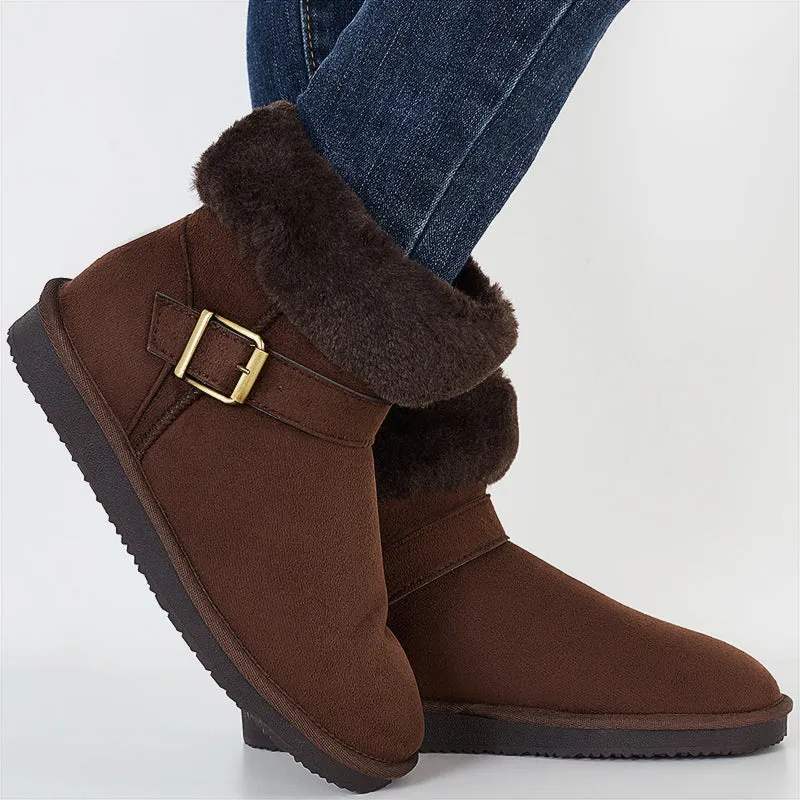 Warm Fur Lined Ankle Snow Boots Side Buckle Winter Booties