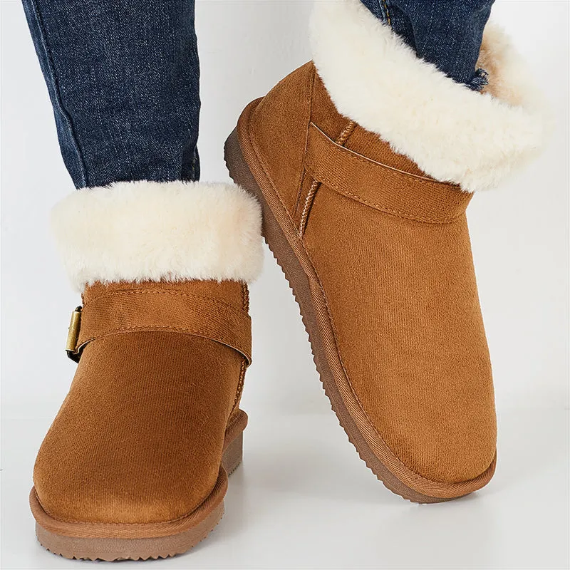 Warm Fur Lined Ankle Snow Boots Side Buckle Winter Booties