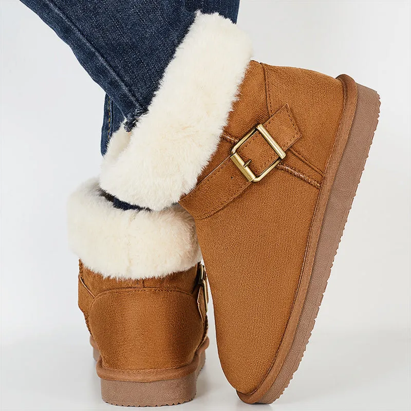 Warm Fur Lined Ankle Snow Boots Side Buckle Winter Booties