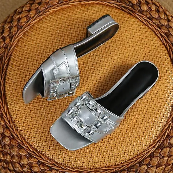 Women's Low Heel Square Buckle Rhinestone Thong Sandals 81807658C