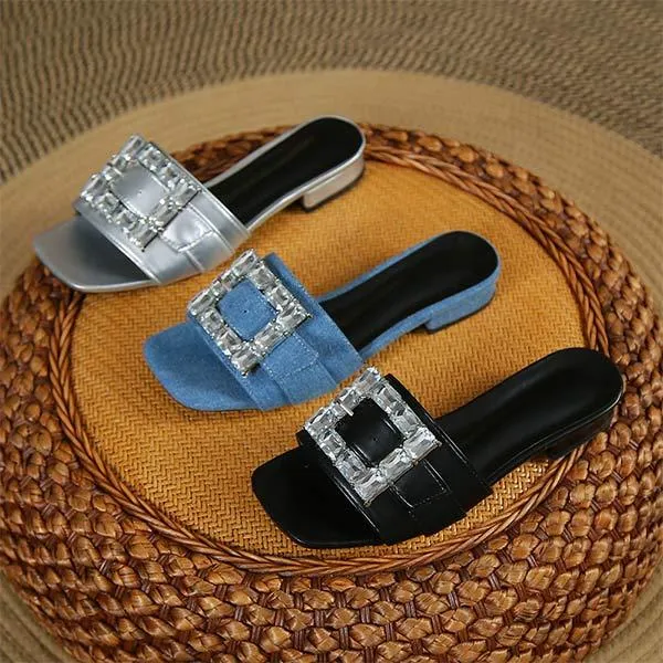 Women's Low Heel Square Buckle Rhinestone Thong Sandals 81807658C