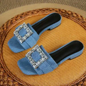 Women's Low Heel Square Buckle Rhinestone Thong Sandals 81807658C