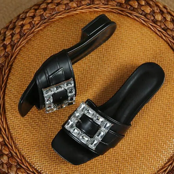 Women's Low Heel Square Buckle Rhinestone Thong Sandals 81807658C